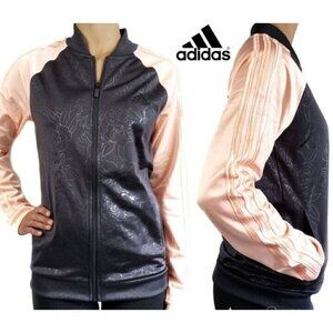 Adidas Women's Sz L Black Rose Floral Embossed Peach Contrast Sleeves Jacket